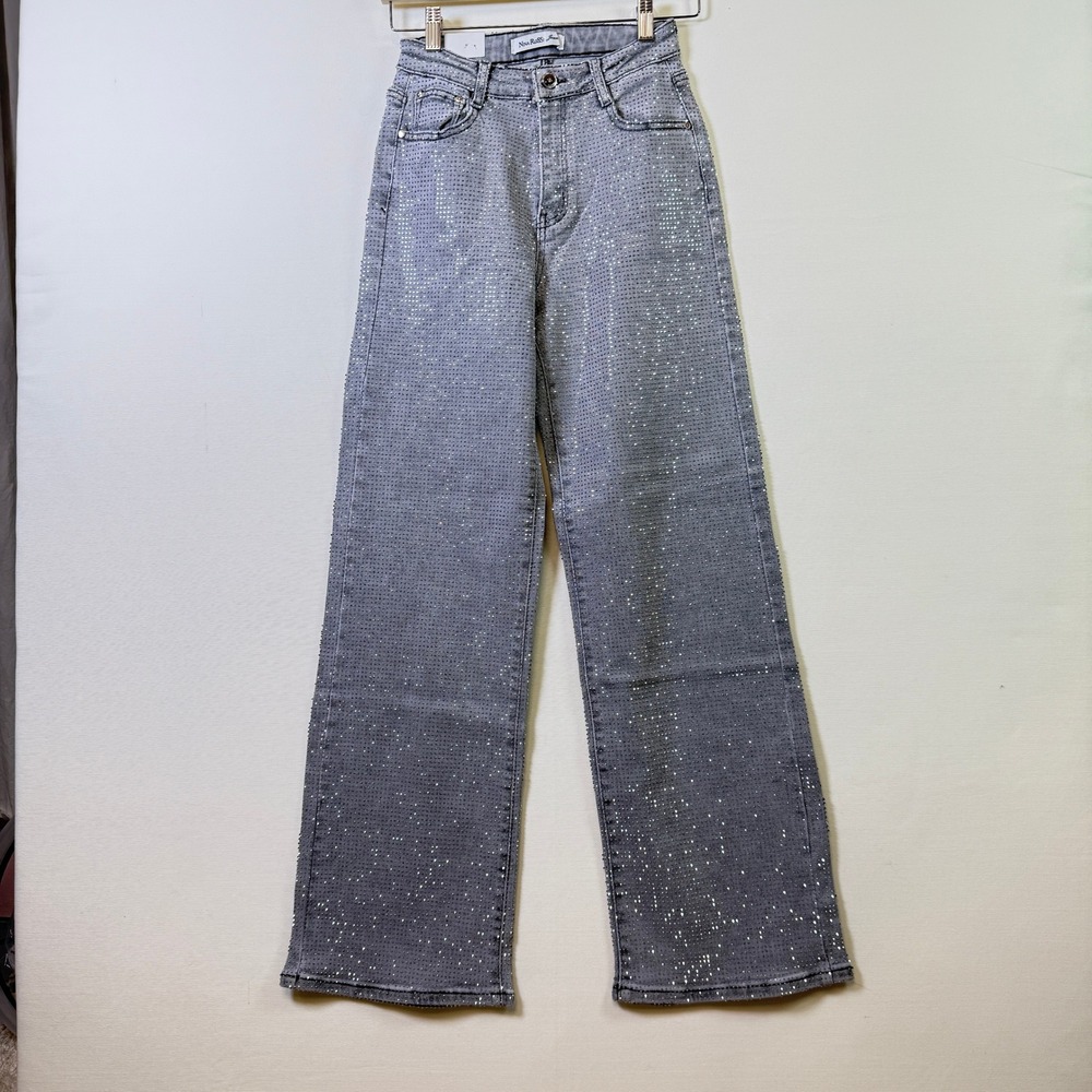 NINA ROSSI Grey Rhinestone Embellished‎ Wide Leg Jeans S